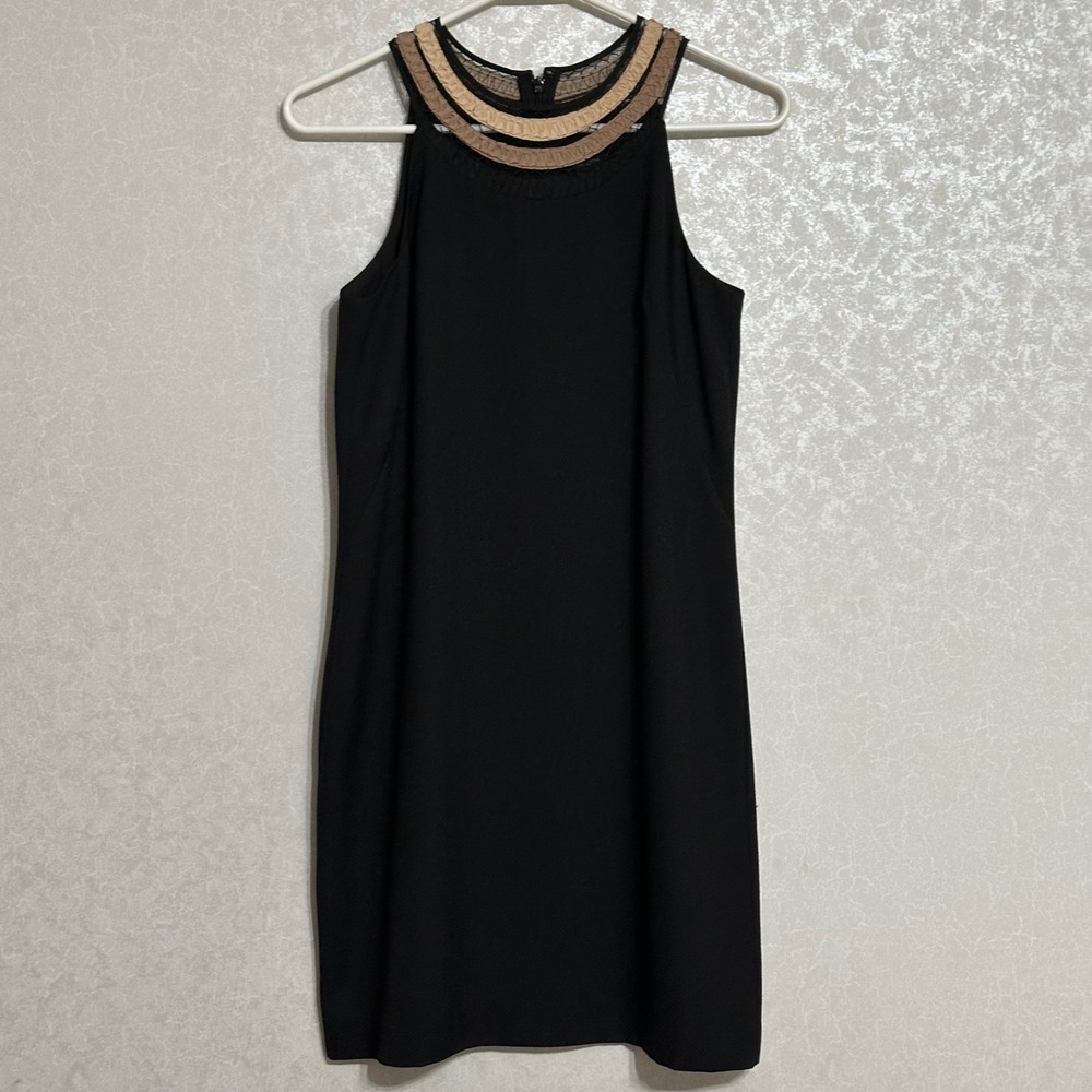 Ann Taylor LBD Tiered Illusion Neckline Shift Dress Textured Black‎ Cocktail 2P